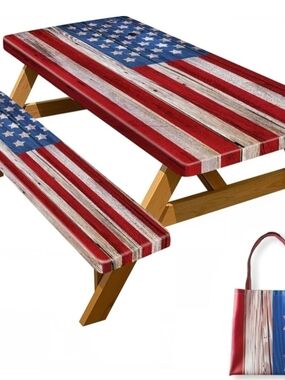 American Flag Picnic Tablecloth with Matching Bench Covers & Bag